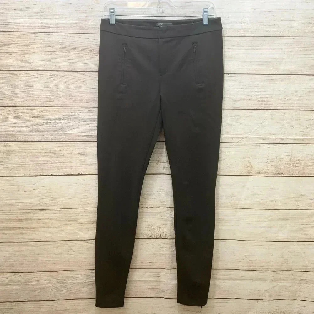 Vince Ponte Knit Riding Pants Slim Leg Ankle Zip Brown Zip Pocket Trouser